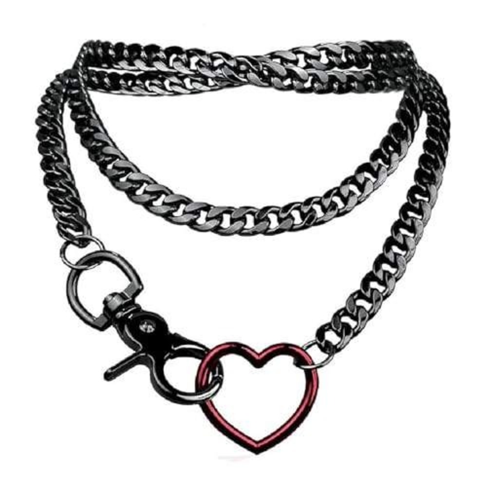 Gunmetal Grey Layered Curb Chain Necklace with Red Heart Pendant Gothic Grunge
